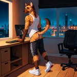 anthro butt clothed clothing detailed_background footwear looking_at_viewer looking_back looking_back_at_viewer male male_focus partially_clothed presenting presenting_hindquarters shirt shoes sneakers socks solo solo_focus standing sweatpants tank_top topwear underwear underwear_down horny_pepega hyaenid mammal digital_media_(artwork) digital_painting_(artwork) hi_res shaded