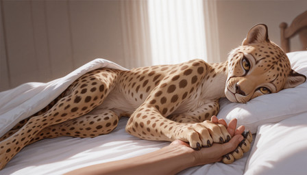 5_fingers amber_eyes bed bedroom black_nose black_pawpads detailed_fur female feral fingers first_person_view fluffy_chest fur furniture hand_holding head_on_pillow looking_at_viewer lying morning on_bed on_side pawpads semi-anthro slight_smile solo_focus spots spotted_body spotted_fur whiskers yellow_body yellow_fur degenstoic cheetah felid feline mammal detailed hi_res