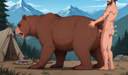 animal_genitalia animal_pussy anus balls beard bestiality bodily_fluids brown_body brown_fur brown_hair butt camping campsite cum cum_drip cum_in_pussy cum_inside cum_on_ground cum_string dominant dripping duo evergreen_tree eyes_closed facial_hair female female_feral feral feral_penetrated from_behind_position fur genital_fluids genitals hair hand_on_butt human_on_feral human_penetrating human_penetrating_feral interspecies larger_female larger_penetrated looking_pleasured male male/female male_human male_on_feral medieval motion_lines mountain nude open_mouth outside penetration penile penile_penetration penis penis_in_pussy pine_tree plant plap pussy quadruped sex side_view size_difference small_dom_big_sub smaller_male standing submissive thrusting tongue tree vaginal vaginal_penetration terraraptor world_of_midria brown_bear human mammal ursid ursine director_name hi_res nano_banana