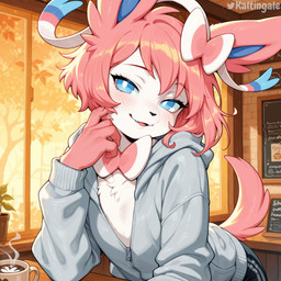 5_fingers anthro beverage blue_body blue_eyes blue_fur blush bottomwear chest_tuft clothed clothing coffee coffee_cup coffee_shop container cup cute_fangs femboy fingers flirting fur hair hoodie inside leaning leaning_forward looking_at_viewer male open_mouth pants pink_body pink_fur pink_hair plant plant_pot potted_plant short_hair smile solo steam tail tongue topwear tuft white_body white_fur window kaltingale_(director) nintendo pokemon eeveelution generation_6_pokemon pokemon_(species) sylveon hi_res portrait signature