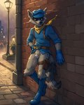 against_surface against_wall anthro belt boots bottomless clothed clothing footwear gloves handwear hat headgear headwear hi_res male mammal neckerchief procyonid raccoon sly_cooper sly_cooper_(series) solo styx343