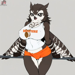 anthro beak breasts brown_body brown_feathers clothing feathers female hooters looking_at_viewer non-mammal_breasts orange_clothing simple_background solo white_body white_clothing white_feathers berzekir avian bird owl hi_res watermark