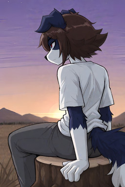 anthro grassland male mountains plant sunset tail tree tree_stump renz rennii_(renz) border_collie canid canine canis collie domestic_dog herding_dog mammal pastoral_dog sheepdog absurd_res hi_res