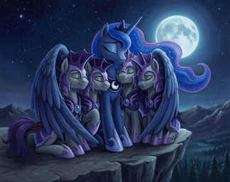 armor bat_wings blue_body blue_hair cliff crown embrace eyes_closed eyeshadow feathered_wings feathers female feral full_moon grey_body group hair headgear helmet horn hug makeup male membrane_(anatomy) membranous_wings moon mountains night outside plant purple_tail sitting sitting_on_ground smile tree using_wings wing_hug wings tyto4tme4l friendship_is_magic my_little_pony night_guard_(mlp) princess_luna_(mlp) royal_guard_(mlp) bat_pony equid equine horse mammal pony winged_unicorn hi_res