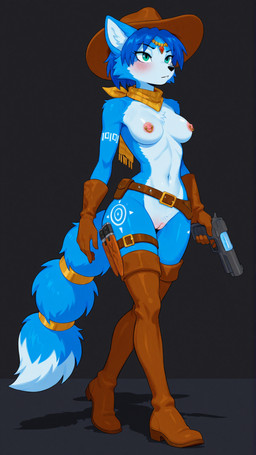accessory anthro armwear belt blue_body blue_fur blue_hair blush boots breasts cheek_tuft chest_tuft circlet clothing cowboy_hat elbow_gloves facial_tuft female footwear fur furgonomic genitals gloves green_eyes grey_background gun hair handwear hat headgear headwear holding_gun holding_object holding_weapon holster knife legband legwear looking_forward low-angle_view markings medium_breasts neckerchief nipple_piercing nipple_ring nipples nude piercing pussy ranged_weapon ring_piercing short_hair simple_background solo tail_accessory tailband thigh_highs thighband three-quarter_view tribal tribal_markings tuft walking weapon white_body white_fur anonymous_director nintendo star_fox krystal_(star_fox) canid canine fox mammal 2025 hi_res