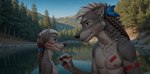 anthro bodypaint braided_hair braided_mane breasts brush day duo ears_up female forest hair lake lakeside male male/female nipples nude outside plant sky smile tree babeyax715 alpha_(zaush) tanta_(zaush) canid canine canis mammal wolf animated