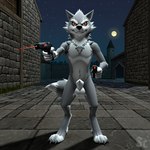 3_toes 5_fingers animal_genitalia anthro balls belly black_nose blue_sky brick_wall building castle chest_tuft claws compassmix_xl_(model) digitigrade eyebrows fangs feet fingers floor front_view full_moon fully_sheathed fur furrowed_brow genitals gesture grey_body grey_fur gun handgun holding_gun holding_object holding_weapon laser_beam light low_poly male moon moonlight navel night nude outdoor_nudity outside pistol pointing raised_arms ranged_weapon red_eyes serious shadow sheath sky slim solo standing star starry_sky stern_look stone_floor tile tile_floor toe_claws toes tower tuft wall_(structure) weapon white_belly white_eyebrows white_tail_tip scoutr canid canine canis mammal wolf 3d_(artwork) digital_media_(artwork) hi_res watermark