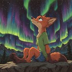 amazing_background anthro aurora_borealis bottomwear clothed clothing detailed_background forest looking_up male mountain_range mountains outdoors plant shorts sitting_on_rock sky smile solo star starry_sky tree zootopia lodestone_rock_(director) nick_wilde canid canine fox mammal