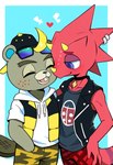 anthro bottomwear buckteeth clothed clothing duo eyes_closed freckled_face freckles fully_clothed furgonomics furry-specific_piercing hand_on_hip hoodie jewelry male male/male necklace open_mouth open_smile pants piercing purple_eyes red_body romantic romantic_couple shirt simple_background slight_blush smile tan_body teeth text topwear vest sergalbutt animal_crossing nintendo c.j._(animal_crossing) flick_(animal_crossing) beaver chameleon lizard mammal reptile rodent scalie hi_res signature url
