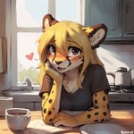 2024 <3 anthro appliance blonde_hair blush breasts brown_eyes cabinet chest_tuft clothed clothing female fur hair inside kitchen looking_at_viewer mug plate sink sitting solo stove tuft white_body white_fur window yellow_body yellow_fur anonymous_director cheetah felid feline mammal hi_res