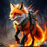 abstract_background black_nose clothing feral fire fluffy fluffy_tail fur inner_ear_fluff male multicolored_body multicolored_fur orange_body orange_eyes orange_fur safety_vest solo topwear tuft vest white_body white_fur wolfine canid canine fox mammal watermark