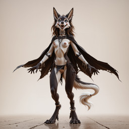 5_fingers 5_toes animal_ears bandaged_arm bandaged_leg bandages big_ears black_cape black_hair blue_eyes boots breasts brown_hair cape chain claws cloak clothed clothing collar ear_piercing ear_ring fangs feet female fingers footwear front_view fur hair jewelry long_hair looking_at_viewer medium_breasts multicolored_body multicolored_fur navel nipples open_mouth partially_clothed paws piercing ring_piercing simple_background smile solo standing tail teeth toes tongue tongue_out topless torn_cape torn_clothes two_tone_body two_tone_fur wolf_ears wolf_tail neoncortex monster_girl canid canine canis mammal sergal werecanid werecanine werecreature werewolf wolf absurd_res full-length_portrait hi_res portrait