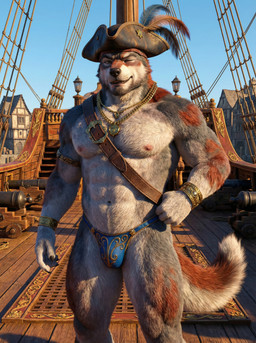 anthro clothed clothing detailed_background fur hat headgear headwear jewelry looking_at_viewer male medieval muscular muscular_anthro muscular_male outside pirate pirate_hat realistic red_body red_fur ship solo standing thong underwear vehicle watercraft wristband sweet_husbando canid canine canis mammal wolf absurd_res hi_res