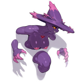 anthro big_breasts bodily_fluids breasts chest_gem fangs female fur gem grin looking_aside phasing purple_body purple_fur red_eyes simple_background smile solo sweat teeth white_background yellow_sclera ahogagu nintendo pokemon generation_4_pokemon mismagius pokemon_(species) hi_res