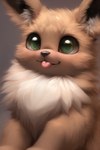 2022 2:3 ambiguous_gender black_nose blep brown_body brown_fur cheek_tuft chest_tuft eevee facial_tuft feral fluffy fur generation_1_pokemon green_eyes gym_(director) happy inner_ear_fluff mammal multicolored_body multicolored_fur nintendo nose pokemon_(species) portrait simple_background smile solo tan_body tan_fur tongue tongue_out tuft two_tone_body two_tone_fur video_games