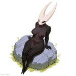 anthro areola big_breasts black_areola black_body black_eyes black_nipples breasts feet female fingers horn navel nipples non-mammal_breasts nude rock simple_background sitting solo thick_thighs white_background wide_hips slop_dragon hornet_(hollow_knight) arthropod hi_res