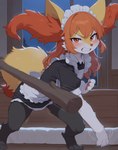 angry anthro bedroom black_body black_fur bodily_fluids clenched_teeth clothing female fur hair hair_between_eyes inner_ear_fluff long_hair maid_uniform motion_lines orange_body orange_eyes orange_fur pawpads pink_pawpads solo stick sweat tail teeth throwing_object tuft uniform white_body white_fur yellow_body yellow_fur cpt_d nintendo pokemon braixen canid canine fox generation_6_pokemon mammal pokemon_(species) hi_res