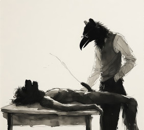 anthro beak bedroom_eyes black_beak black_body black_nose bodily_fluids clothed clothing cum cumshot desk duo ejaculation erection eyewear fur furniture genital_fluids genitals glasses hair humanoid_genitalia humanoid_penis interspecies looking_pleasured lying male male/male narrowed_eyes nude on_back open_mouth penile penis school school_uniform seductive sex simple_background smile table teacher topwear uniform extravirginweaseloil avian bird canid canine canis corvid corvus_(genus) crow mammal oscine passerine wolf black_and_white hi_res monochrome painting_(artwork) traditional_media_(artwork) watercolor_(artwork)