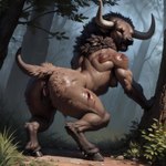 anthro anus blood bodily_fluids detailed_fur female genitals hooves horn looking_back muscular open_mouth outside presenting presenting_anus presenting_pussy prompt pussy raised_tail rear_view solo wounded denatural bison bovid bovine mammal minotaur absurd_res detailed hi_res