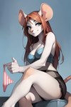 anthro auburn_hair blue_eyes clothing female holding_clothing holding_object holding_underwear looking_at_viewer smile solo strapless_clothing underwear white_body scrxtch mammal mouse murid murine rodent hi_res