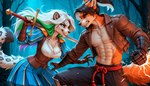 anthro black_hair black_sclera blue_eyes brown_clothing brown_jacket brown_topwear clothing duo facial_hair female fur goatee hair high_ponytail jacket leather leather_clothing leather_jacket leather_topwear male male/female medieval_clothing melee_weapon multicolored_hair ponytail prosthetic rainbow_hair rope running samurai solo sword topwear warrior weapon weapon_on_shoulder white_body white_fur white_hair djar17 canid canine felid fox mammal pantherine snow_leopard absurd_res hi_res