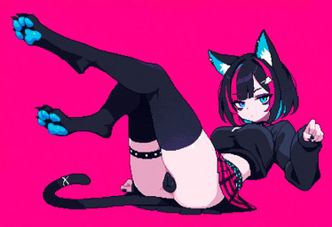 anatomically_correct anatomically_correct_genitalia animal_genitalia animal_pussy cat_tail claws clothing crop_top feline_genitalia feline_pussy female garter_straps genitals goth hair legwear multicolored_hair pawpads paws presenting presenting_pussy pussy shirt solo stockings topwear upskirt cookie-girl felid feline humanoid mammal
