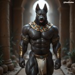 abs anthro balls black_body black_fur bottomwear bulge clothing fur genitals grin jewelry loincloth looking_at_viewer male muscular muscular_anthro muscular_male navel nipples pecs smile solo theaifurden anubian_jackal canid canine canis jackal mammal hi_res signature