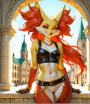 anthro belt bottomless clothed clothing female genitals jewelry leather leather_clothing leather_topwear looking_at_viewer necklace pussy smile solo standing topwear denis0k delphox generation_6_pokemon pokemon_(species)