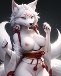 anonymous_director anthro breasts canid canine exposed_breasts female fox genitals hi_res kemono mammal markings nipples pussy simple_background smile smirk solo tail