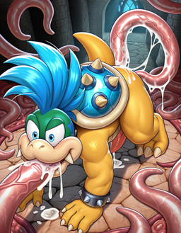 3_toes 4_fingers all_fours anal anal_penetration animal_genitalia animal_penis blue_hair bodily_fluids bracelet bracelets castle_background claws collar cum cum_in_ass cum_in_mouth cum_inside cum_on_ground fangs feet feral fingers genital_fluids genitals hair jewelry male muscular oral oral_penetration penetration penis sex shell solo spiked_bracelet spiked_collar spiked_shell spikes spikes_(anatomy) stone_floor stone_wall tapering_penis teeth tentacle_in_ass tentacle_in_mouth tentacle_penetration tentacle_sex tentacles toes vein wall_(structure) yellow_body yiff_ai_(director) koopaling larry_koopa koopa scalie