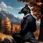 anthro autumn beak black_body feathers formal_clothing looking_at_viewer looking_back male mountains outside plant sitting sitting_on_rock snow solo solo_focus tail_feathers tree yalonip avian bird corvid corvus_(genus) crow oscine passerine raven hi_res