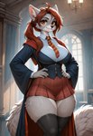 ahoge anthro big_breasts bottomwear breasts claws clothing coat female fur grey_body grey_fur hair hands_on_hips inside legwear long_sleeves looking_at_viewer mouth_closed necktie orange_eyes ponytail red_hair skirt smile solo thick_thighs thigh_highs topwear ayo_keito canid canine canis mammal wolf absurd_res hi_res