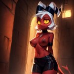 areola black_nipples blush breasts clothed clothing demon demon_humanoid female feralfresh hair hands_behind_back helluva_boss horn humanoid imp looking_at_viewer moxxie_(helluva_boss) navel nipples red_body red_skin short_hair skimpy solo topless yellow_eyes