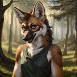 anthro breasts canid canine clothed clothing countershading degenstoic detailed detailed_background detailed_fur female fluffy forest grass green_eyes looking_at_viewer mammal maned_wolf neck_tuft open_mouth plant small_breasts smile solo tanktop tree tuft whiskers