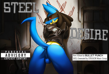 against_surface against_wall anthro anus backsack balls bent_over blue_body blue_fur bottomless butt claw_marks clothed clothing dark_background femboy fur genitals guitar jacket leather leather_clothing leather_jacket leather_topwear looking_at_viewer looking_back looking_back_at_viewer male messy_room multicolored_body multicolored_fur musical_instrument plucked_string_instrument presenting presenting_hindquarters pupils raised_tail rear_view red_eyes slit_pupils solo speaker standing string_instrument text topwear topwear_only 5tr1k3r nintendo pokemon canid canine canis generation_4_pokemon jackal lucario mammal pokemon_(species) album_cover cover