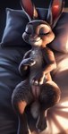 anthro backlighting bed bedroom cinematic_lighting detailed_background disney eyes_closed female feral front_view furniture genitals judy_hopps lagomorph leporid light lighting lying majorrenegade mammal nude on_back paws pussy sleeping solo touching_pussy zootopia