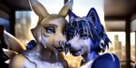 absurd_res anthro blue_body blue_eyes blue_fur bodily_fluids canid canine cum cum_drip cum_on_face digimon_(species) dripping duo female fox fur furtasticv20 genital_fluids hi_res hornybunny krystal looking_at_viewer mammal messy renamon yellow_body yellow_fur