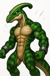 abs after_transformation anthro athletic athletic_anthro athletic_male beak biceps cuff_(restraint) cuff_bracelet forced green_body growth laboratory male muscle_growth muscular muscular_anthro muscular_male mutation nude pecs restrained restraints solo standing tail test_subject transformation yellow_eyes birdovo dinosaur hadrosaurid ornithischian parasaurolophus reptile scalie hi_res