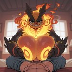 anthro balls big_breasts black_eyes bodily_fluids bottomwear bottomwear_down breast_play breast_squish breasts clothed clothing duo female fire first_person_view flaming_hair flaming_mane fur genitals huge_breasts huge_eyebrows human_on_anthro humanoid_genitalia humanoid_penis interspecies looking_at_viewer male male/female male_pov markings muscular musk musk_clouds nipples nude orange_body paizuri pants pants_down partially_clothed penis pseudo_hair pseudo_mane pubes pussy sex slightly_chubby smile smirk smug squish steam sweat titfuck tusks two-tone_body ratfucker_(director) nintendo pokemon domestic_pig emboar generation_5_pokemon human mammal pokemon_(species) suid suina sus_(pig) wild_boar hi_res