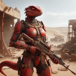 anthro armor clothing desert female gun ranged_weapon red_body red_eyes red_scales rifle ruins scales solo wasteland weapon omgechounknown lizard reptile scalie