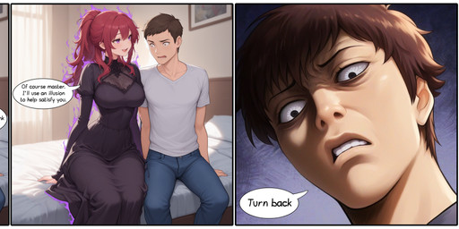 3_panel_comic anthro bed bedroom black_body black_clothing black_dress black_fur bottomwear breasts brown_eyes brown_hair claws clothing denim denim_clothing dialogue disgust dress duo female fur furniture green_eyes hair humor inside jeans male male/female open_mouth pants ponytail purple_eyes red_claws red_hair shirt short_hair sitting smile species_transformation speech_bubble surprise t-shirt topwear transformation white_clothing white_shirt white_topwear cartuniverse nintendo pokemon generation_5_pokemon human mammal pokemon_(species) zoroark absurd_res comic hi_res