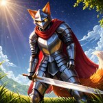 anthro armor blue_sky cape cloak clothing cloud day detailed_fur detailed_lighting dramatic_lighting fox_ears fox_tail fur furgonomics glistening glowing glowing_eyes grass headgear helmet holding_object holding_sword holding_weapon knight leaf light light_beam locket looking_at_viewer male melee_weapon obscured_face orange_body orange_fur ornate pendant plant pose red_cape sky solo star starry_sky sun sunbeam sunlight sword tree warrior weapon yellow_eyes hokmuto canid canine fox mammal red_fox absurd_res detailed hi_res portrait three-quarter_portrait