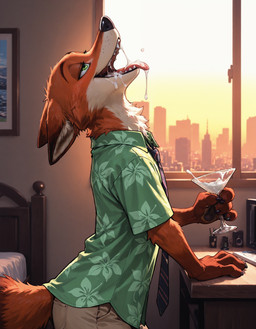 4_fingers anthro bedroom bodily_fluids claws clothed clothing cocktail_glass container cum cum_drip cum_in_mouth cum_inside cup drinking drinking_cum drinking_glass dripping fingers fully_clothed genital_fluids glass glass_container glass_cup lidded_eyes male open_mouth semi-anthro side_view solo standing sunset teeth aksel disney zootopia nick_wilde canid canine fox mammal red_fox hi_res portrait three-quarter_portrait