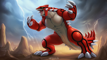 abs anthro biped claws detailed_background electricity lightning male muscular muscular_anthro muscular_male nude open_mouth outside pecs red_body roaring sharp_teeth sky solo spikes tail teeth telegram telegram_logo text toe_claws tongue sergalbutt nintendo pokemon generation_3_pokemon groudon legendary_pokemon pokemon_(species) scalie 16:9 director_name hi_res shaded signature url widescreen