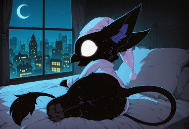 ambiguous_gender beak bedroom black_beak black_body city cityscape clothing curtains featureless_crotch feral glowing glowing_eyes light looking_at_viewer lying monotone_body moon moonlight night no_pupils on_side open_mouth pawpads paws pillow purple_clothing rear_view sleeping_cap solo starry_fur tail tail_tuft tuft white_eyes window zakath deadlock rem_(deadlock) avian gryphon mythological_avian absurd_res hi_res