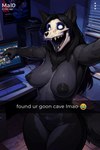 anthro big_breasts black_body black_fur black_hair black_nipples black_sclera black_tongue blinds bone breasts chest_tuft claws computer crotch_tuft curvy_figure dark desk detailed_background e621 emoji fangs female fur furniture gesture glowing glowing_eyes hair high-angle_view inner_ear_fluff inside keyboard long_hair looking_at_viewer monitor neck_tuft night nipples no_pupils nude open_mouth pointing poster selfie skull skull_head small_waist snapchat solo table text thick_thighs tongue tongue_out tuft white_eyes wide_hips window wiinter mal0 scp-1471-a canid canine canis mammal wolf absurd_res hi_res