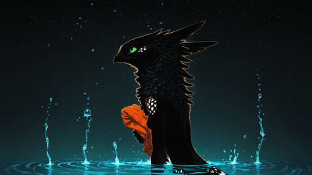 anthro beak black_body black_fur breasts bubble claws clothing female fluffy fur green_sclera holding_clothing holding_object looking_up magic neck_tuft neutral_expression night outline partially_submerged side_view slim small_breasts solo spots spotted_body spotted_fur tuft water oldhroft shadow_(oldhroft) avian velari hi_res wallpaper