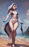 anthro beach bottomless bottomless_female canid clothed clothing female genitals hi_res loona_(helluva_boss) mammal outside panties partially_clothed pussy sea seaside solo swimwear underwear walking water