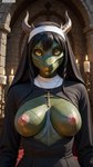 anthro black_hair breasts candle church cross cross_necklace crucifix exposed_breasts female female_anthro green_body green_skin hair horn jewelry large_breasts long_hair looking_at_viewer necklace nipples nun nun_habit photorealism photorealistic realistic scales solo stable_diffusion yellow_eyes yiffyjiffy2 dragon reptile scalie hi_res watermark