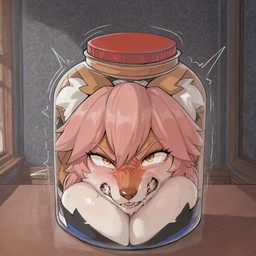 angry anthro big_breasts black_clothing blush bodily_fluids bound breast_squish breasts brown_body brown_fur cleavage clenched_teeth clothed clothing container countershading drooling eyebrows eyelashes female female_anthro forced fur glass glass_container hair in_container inner_ear_fluff inside jar looking_at_viewer multicolored_body multicolored_fur orange_body orange_fur pink_hair restrained saliva shaking solo squish stuck sweat tears teeth tuft two_tone_body white_body white_breasts white_fur white_inner_ear yellow_eyes gridanon caster_tamamo-no-mae canid canine fox mammal hi_res stable_diffusion